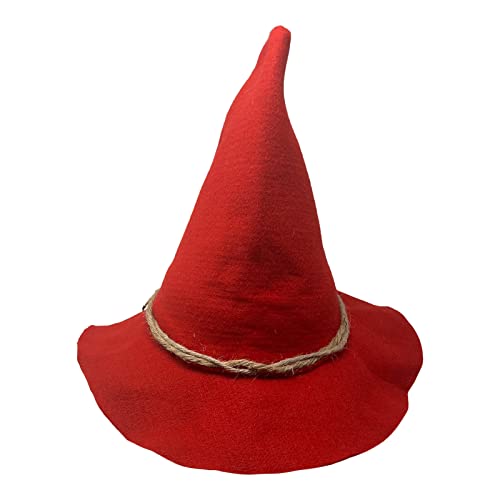 CHAPEAU TRIBE Scarecrow Hat- Rustic Witch with Pointed Top & Rope Ribbon- Unisex Halloween - Adult Scarecrow Costume Accessory for Wizard, Hillbilly Soft Thick Felt (Red)