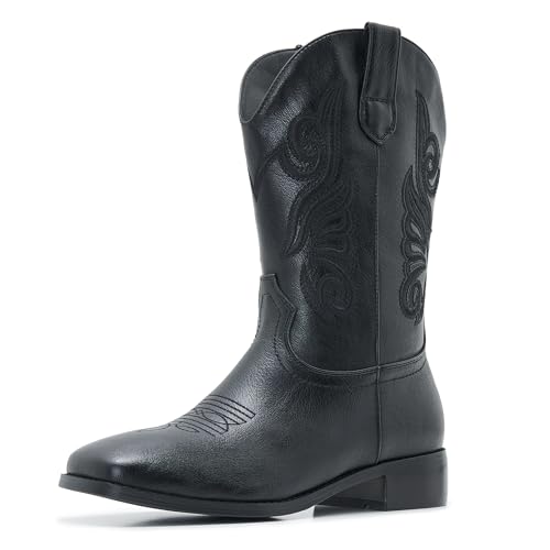 Image of Cowgirl Boots Square Toe Cowboy Boots For Women Ladies Mid Calf Low Heel Flat