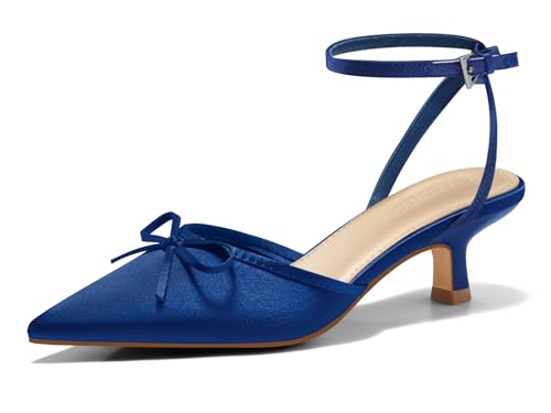 Image of Coutgo Satin Kitten Low Heels with Bow Closed Pointed Toe Short Pumps Dress Wedding Party Shoes