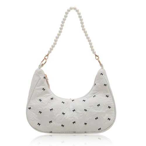 BSITSSS Handtasche Damen Klein Umhängetasche Damen, Weiß Retro Achsel Tasche mit Reißverschluss, Perlenkette Y2K Shoulder Bag, Unterarmtasche Bogen Schultertasche für Frauen Dating Party Einkaufe