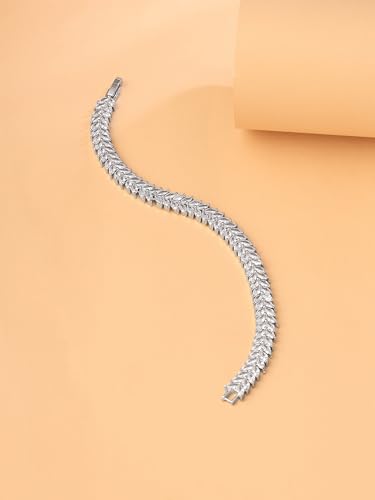 Image of Yellow Chimes Women's Fashion Leaf Shaped Silver Tone White Swiss Zircon Crystal Bracelets Valentine Gift for Girls