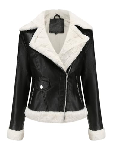 Womens Trendy Winter Coat Faux Lamb Fur Leather Cropped Lambswool Biker Jacket Lapel Zipper Bomber Aviator Coat