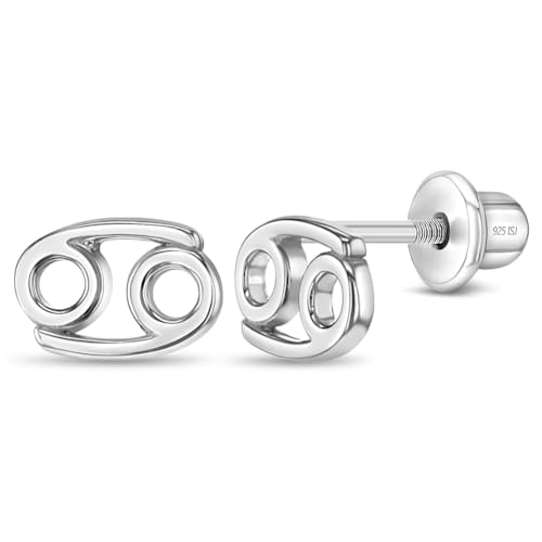 925 Sterling Silver Polished Zodiac Sign Safety Screw Back Earrings For Toddlers Little Girls and Preteens - Fun Horoscope Shaped Earrings For Young Girls - Children's Zodiac Jewelry