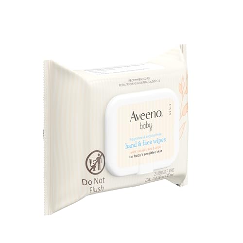 Image of Aveeno Baby Hand & Face Wipes, Oat Extract & Aloe, Fragrance Free, 25 ct | Cleansing & Moisturizing Baby Wipes for Sensitive Skin, No Added Sulfates, Alcohol, & Parabens, Hypoallergenic