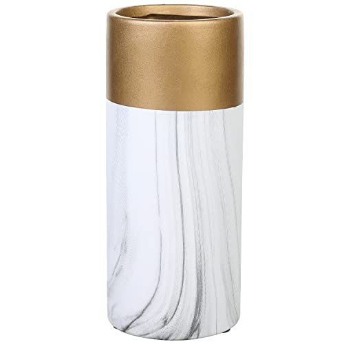Mygift Fake Eucalyptus With Fake Leaves Bouquet In Marble Pattern Ceramic Vase With Brass Accent #TOP6