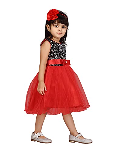 Image of MUHURATAM Girl's Net Fit and Flare Knee-Length Dress
