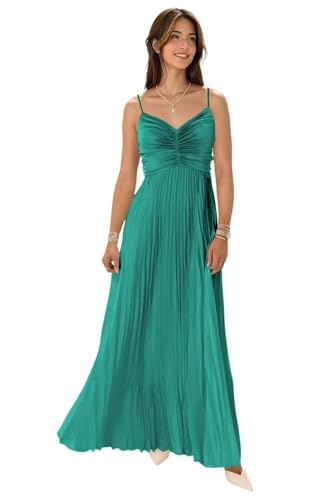 Pleated Satin Bridesmaid Dresses for Women Spaghetti Strap Prom Gown V-Neck Long Formal Wedding Guest Dress
