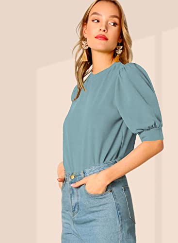 Image of Dream Beauty Fashion Women's Puff Sleeve Round High Neck Top Balloon Bishop Sleeve Elegant Casual Tee (23 inch Inches)- (Top Sofia P)