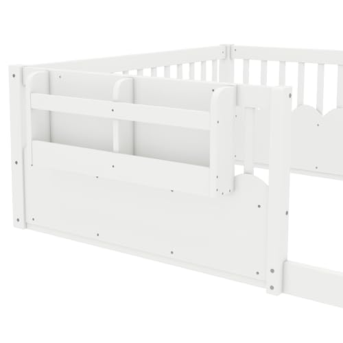 Image of Bellemave Full Size Kids Montessori Floor Bed,Solid Wood Floor Bed Frame with Bookshelf and High Fence for Kids,Girls,Boys,White