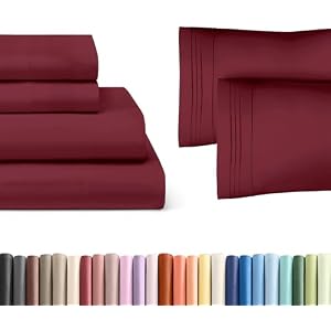 Burgundy Fitted Sheet & Pillowcase Bedding Bundle (Queen Size) - Bed Set Includes Queen Fitted Sheet w/Deep Pockets & Queen Pillowcases - Cooling Sheets & Pillowcase Bedding Set