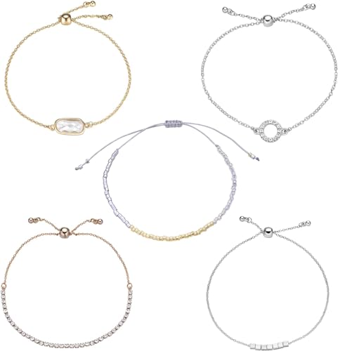 Kevia Set of 5 Stacking Bracelets in Mixed Silver & Gold with CZ Accents