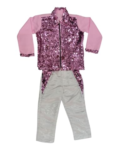 Image of BookMyCostume Pink Sequin Shirt & White Shiny Pants Western Dance Costume for Boys | Full Sleeve Outfit | Annual Day Dance Dresses & Fancy Dress Theme Costume | 8-10 Years