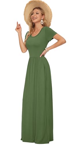 Image of AUSELILY Women's Summer Short Sleeve Loose Plain Casual Long Maxi Dresses | Year Round wear solid floral print, Casual wear, Empire waist, Floor length, Side pockets