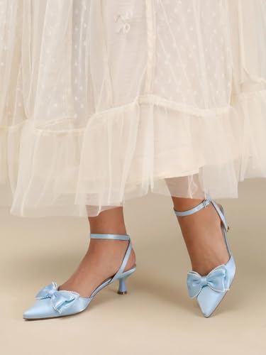 Image of Coutgo Womens Satin Kitten Low Heels Bow Pearl Closed Pointed Toe Pumps Ankle Strap Wedding Dress Shoes