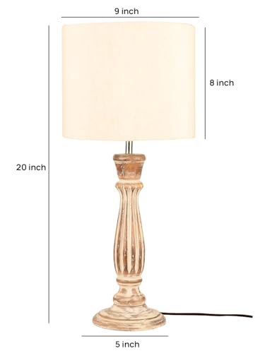 Image of Green Girgit Athens Wooden Lamp in Distress White Color with Jute White Shade, Vintage Style Table Lamp with Fluted Base & Beige Fabric Shade (LED Bulb Included)