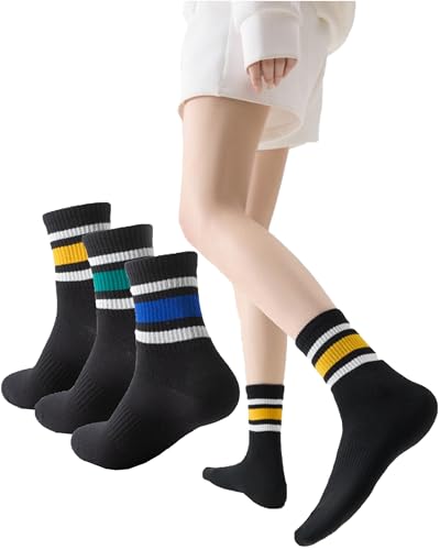 Striped Retro Crew Socks,Classic Athletic Ankle Sock,Vintage Sport Running Socks for Womens