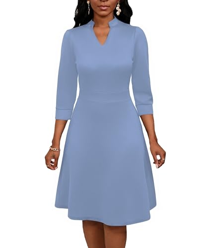 Image of PerZeal Women's Casual Flowy A-Line Midi Dress Flared V-Neck Colorblock Print for Wedding Guest 3 /4 Sleeve Dress with Belt