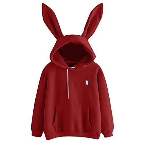 Aniywn Women Girls Kawaii Bunny Ear Hoodie Top Long Sleeve Cute Rabbit Sweatshirt Comfy Cosplay Pullover Hoody Tops Wine