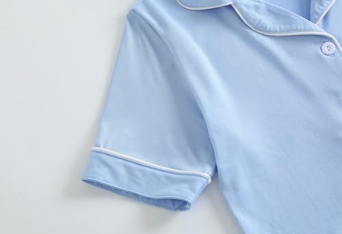 Vopmocld Unisex Kids Button Down Pajama Sets Short Sleeve & Shorts Solid Color Teens Outfit with Pockets Lounge Sets4