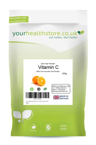 yourhealthstore Vitamin C Powder 500g Extra High Strength Ascorbic Acid 100% Pure British Pharmaceutical Grade Non-GMO Vegan Gluten Free.