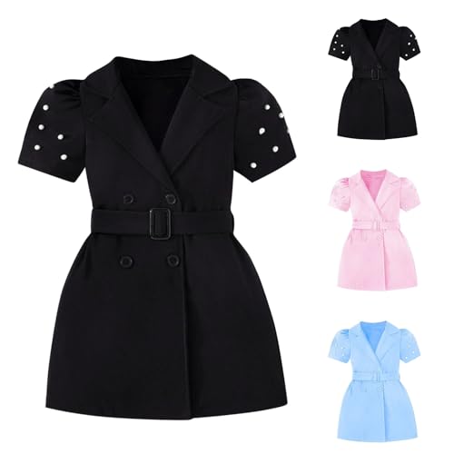 Girls Double-Breasted Dress, Short Puff Sleeve V Neck Belted Waist Summer Cute Dress2