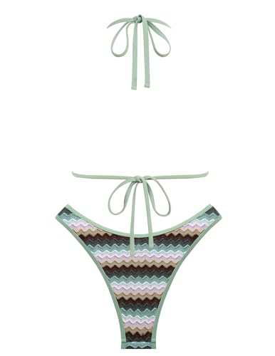 Image of seamoly Women's Bikini Sets Halter Neck Crochet Colorblock Two Piece Swimsuits Open Back Sexy High Cut Thong Bathing Suit