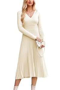 OUGES Strickkleid Damen Winter Kleid Lang Winterkleid Elegant Herbstkleid Langarm V-Ausschnitt Pulloverkleid für Herbst