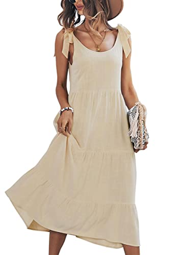 chouyatou Women's Summer Adjustable Spaghetti Strap Solid Ruffle Swing Midi Dress (Medium, Apricot)