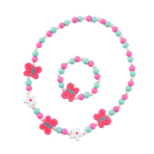Damaiyyy en Bois Coloré Enfants Ensemble de Bijoux,Princesse Collier Bracelets Set Papillons Perles Collier et Bracelet Cadeau pour Les Filles Fête d'anniversaire Habillage Accessoire