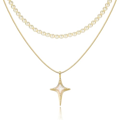 Cicy Bell Womens Four Point Star Necklace Sets Double Layered Chain Cubic Zirconia 14k Gold Plated Lucky Dainty Pendant Necklace Gifts