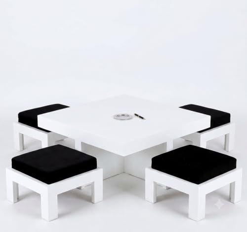 Image of Soild Sheesham Wood Centre Coffee Table with 4 Stools for Living Room Hall Bedroom Office | Wooden Center Coffee Table for Outdoor Garden Home | White Finish