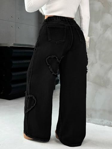 High Waisted Wide Leg Jeans, Heart Pattern Distressed Denim, Blue Wash3