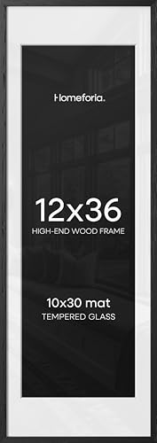 Image of Homeforia 12x36 Black Oak Picture Frame, High-End Wood, 10x30 Mat, Glass | High End Solid Oak Wood, Tempered Glass, Acid-Free 10x30 Removable Mat, 12x36 Edge-to-Edge Display 36x12, Wall Kit, Set Of 1