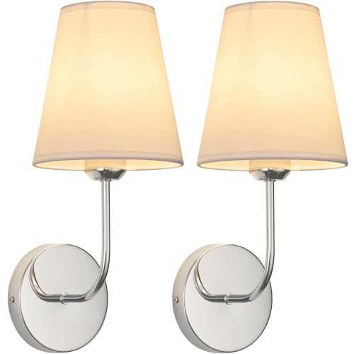 LEECOORA Modern Hardwired Wall Sconces, Set of 2 in Chrome with White Fabric Shades,Farmhouse Light...