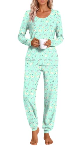 HOTGIFT Womens Pajamas Sets, 2 Piece Lounge Pjs Set Long Sleeve Long Pant Ladies Sleepwear with Pockets Green Butterfly Medium