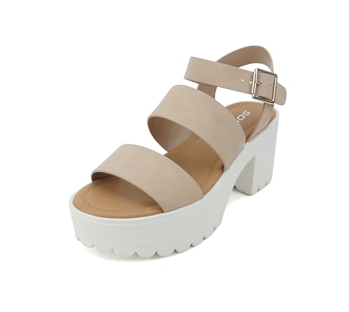 Image of Soda ACCOUNT ~ Women Open Toe Two Bands Lug sole Fashion Block Heel Sandals with Adjustable Ankle Strap