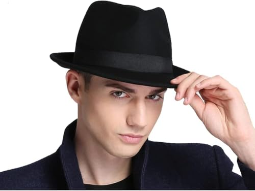 ITODA Men Fedora Trilby Hat Classic Fedora Panama Hats Elegant Short Brim Jazz Cap Vintage Roll-up Gentleman Bowler Hat Gangster Party Headwear for Men Women Black