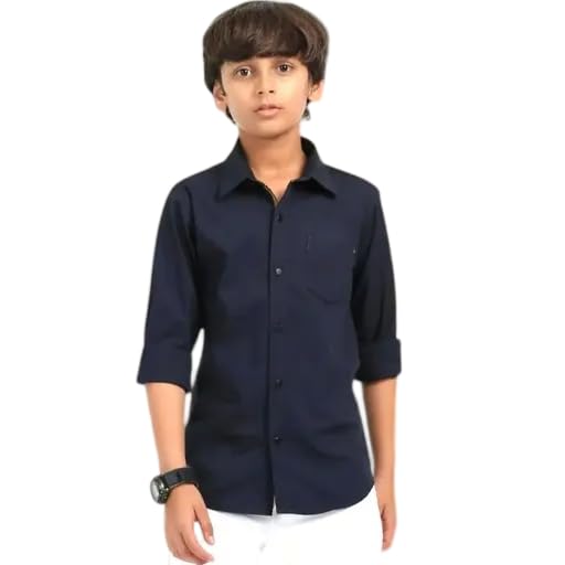 Boys Cotton Solid Full Sleeves Dark Blue Shirt with Button Closure-image-9