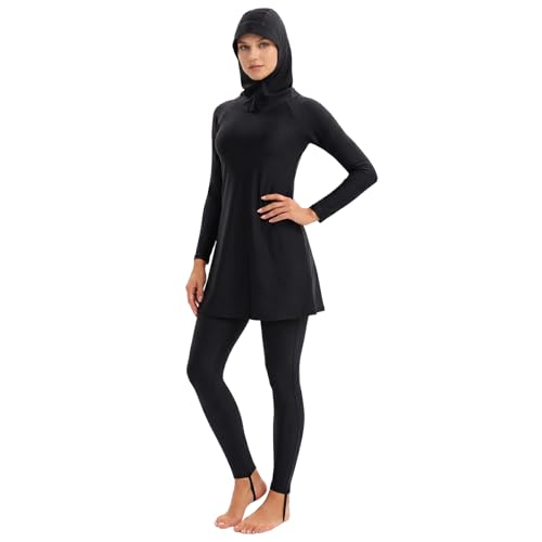 Supcomsta Burkini Swimwear Womens Modest Swimwear for Ladies Muslim Swimming Costume Jumpsuits for Women Long Sleeve Tops + Swimming Pants + Hijab Suit (UK Alpha L Regular Regular Black)