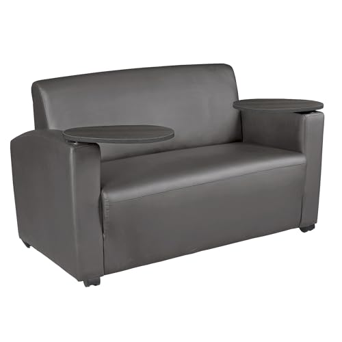 Image of Romig Superstellar Loveseat with 360-Degree Swiveling Tablet Arm, Ash Grey Finish, Grey Vinyl Upholstery, Ergonomic Seating for Offices, Homes, Lounges, or Study Areas