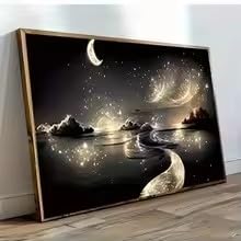 Toile abstraite moderne nuit étoilée et lune affiche décoration murale noire 70x100cm