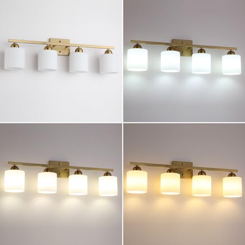 Image of Mecgirn Stainless Steel Milk Glass Vanity Lights for Bathroom, 4 Light Gold Bathroom Light Fixtures Over Mirror, Ceramic E26 Sockets Wall Mounted