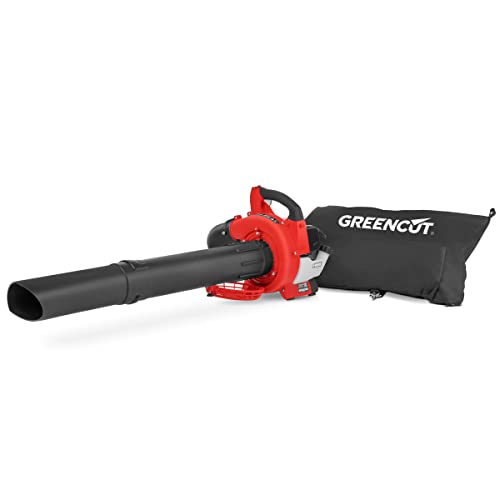 GREENCUT EBV260X - Soplador aspirador de hojas de gasolina de 26cc, velocidad máx 225km/h, bolsa recogida de 35L, incluye 2 tubos para el aspirado