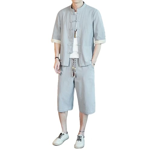 Ensemble d'été homme en coton-lin avec chemise col officier style chinois et pantalon