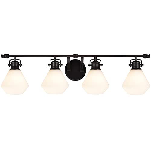 Image of Aspen Creative 62092, Four-Light Metal Bathroom Vanity Wall Light Fixture, 32 inch Wide, Transitional Design in Bronze with Opal Glass Shade