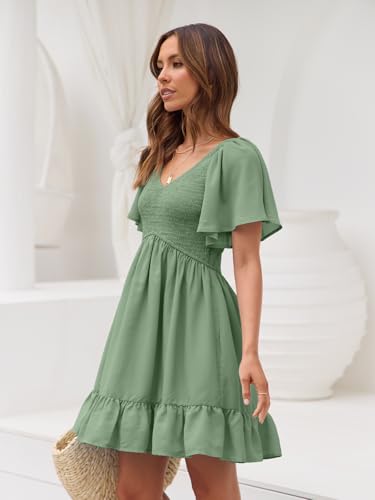 Image of LILLUSORY Women's Flowy Casual Mini Dresses 2026 Summer Graduation Smocked V Neck Vacation Dress Dress with Pockets