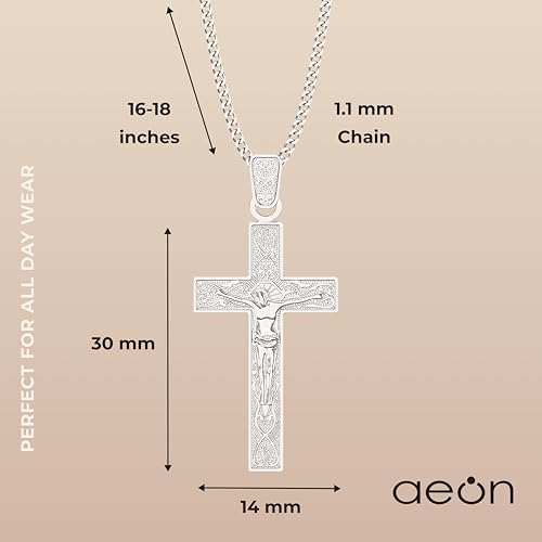 Aeon Crucifix Cross Necklace - 925 Sterling Silver | Adjustable 16-18 Inch Chain | Polishing Cloth Included | Gifts for Religious Occasions (Etched) - Image 3
