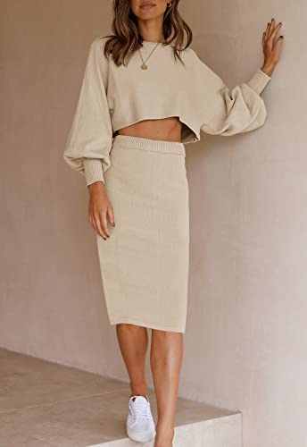 Zesica Women's Casual Two Piece Outfits Long Sleeve Ribbed Knit Top And Bodycon Midi Skirt Oversized Pullover Sweater Sets,Apricot,Medium #TOP7