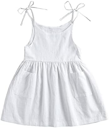 TIMOGG Toddler Baby Girl Cotton Linen Solid Dress Sling Bow Summer Skirt Casual Beach Girls Sundress with Pockets Overall Dress (White, 2-3 Years)