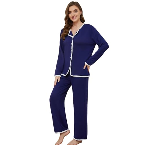 Ensemble de pyjama pour femmes bleu foncé au design raffiné et finitions haut de gamme